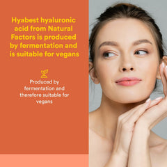 Natural Factors Hyabest bottle close-up; vegan fermentation supports ethical production.