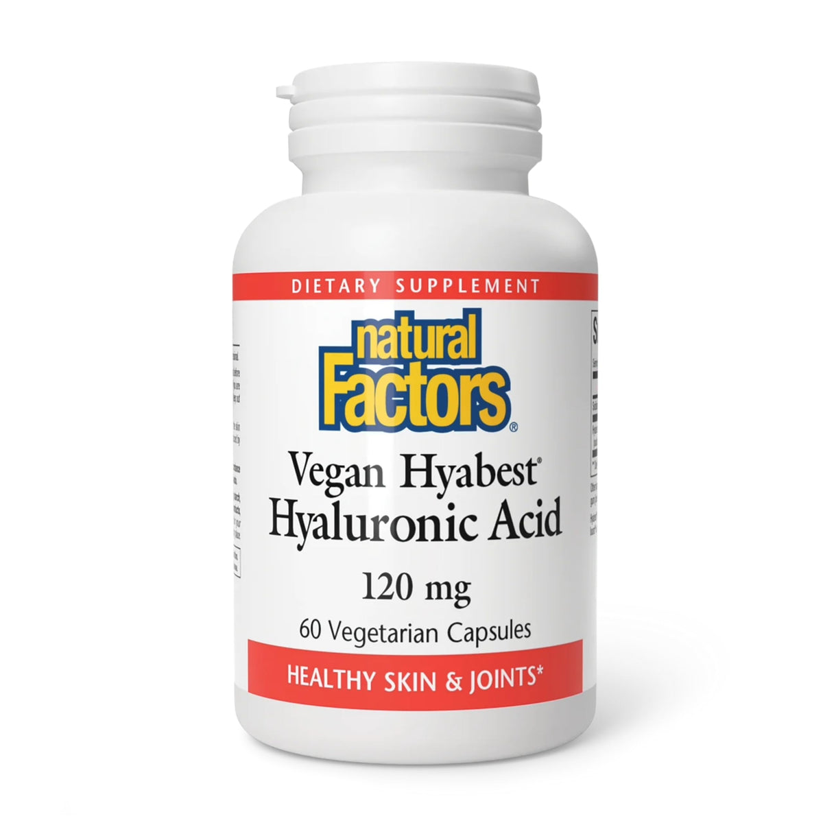 Natural Factors Hyabest hyaluronic acid capsules in a bottle; vegan formula for joint comfort and skin hydration.
