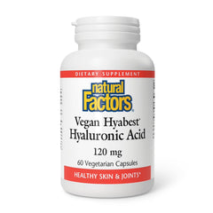 Natural Factors Hyabest hyaluronic acid capsules in a bottle; vegan formula for joint comfort and skin hydration.