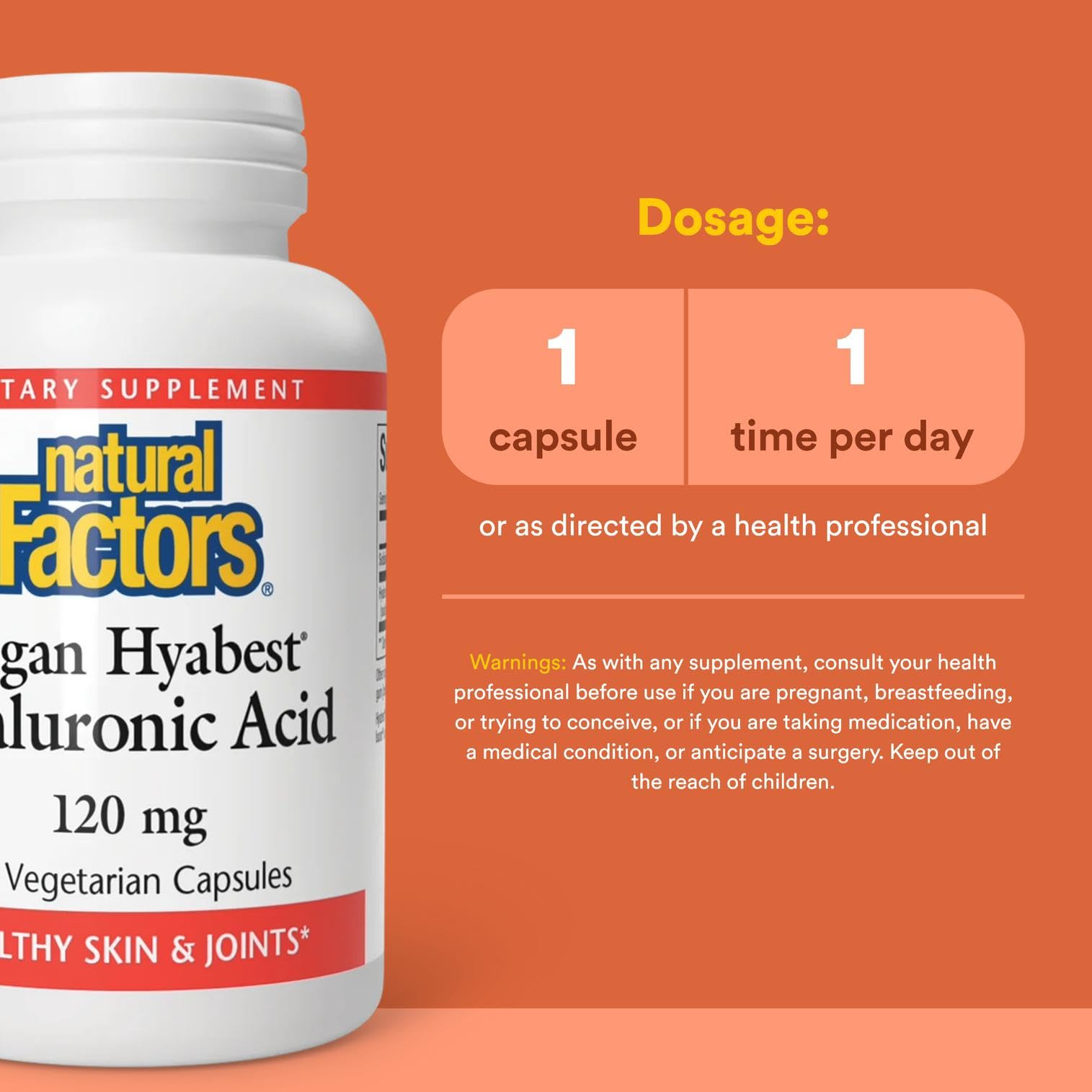 Natural Factors Hyabest packaging showing organic farms and non-GMO sourcing.