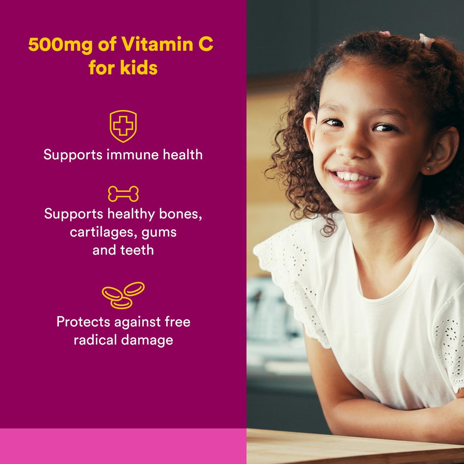 Natural Factors Kids Vitamin C 500 mg wafers in fruity flavor for children.