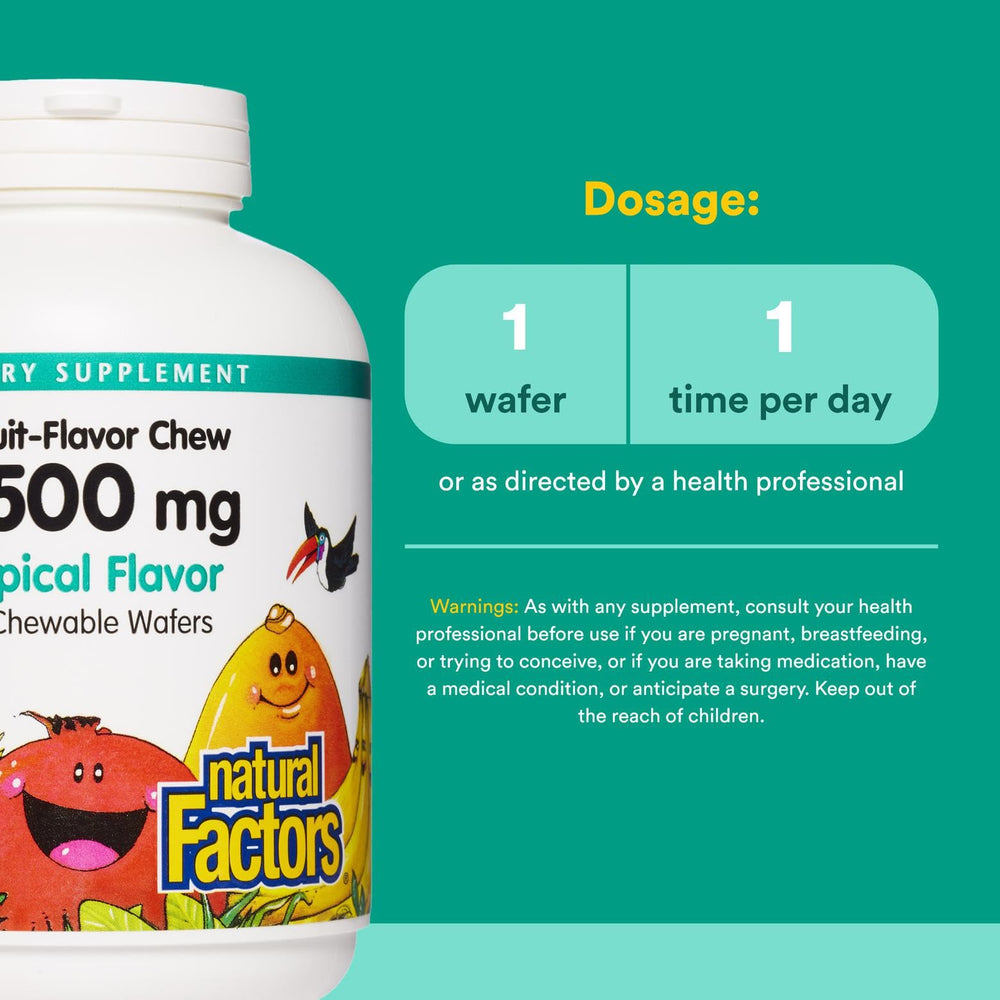 Natural Factors vitamin C bottle serving image shows 500 mg per chewable.