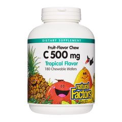 Natural Factors Kids vitamin C tropical bottle front promoting daily immune support with tasty chews.