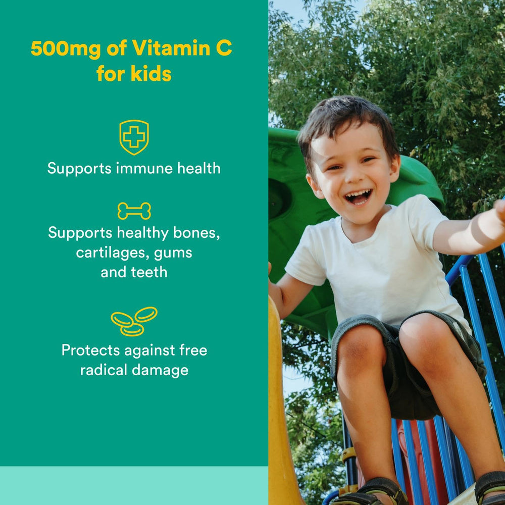 Natural Factors Kids Vitamin C wafers closeup, tropical flavor for easy daily intake.