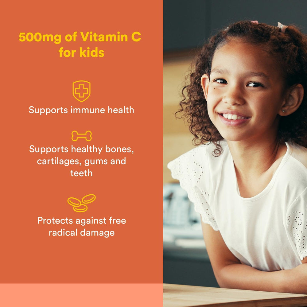 Natural Factors Kids Vitamin C wafers bottle closeup highlighting fruit flavor and 500 mg