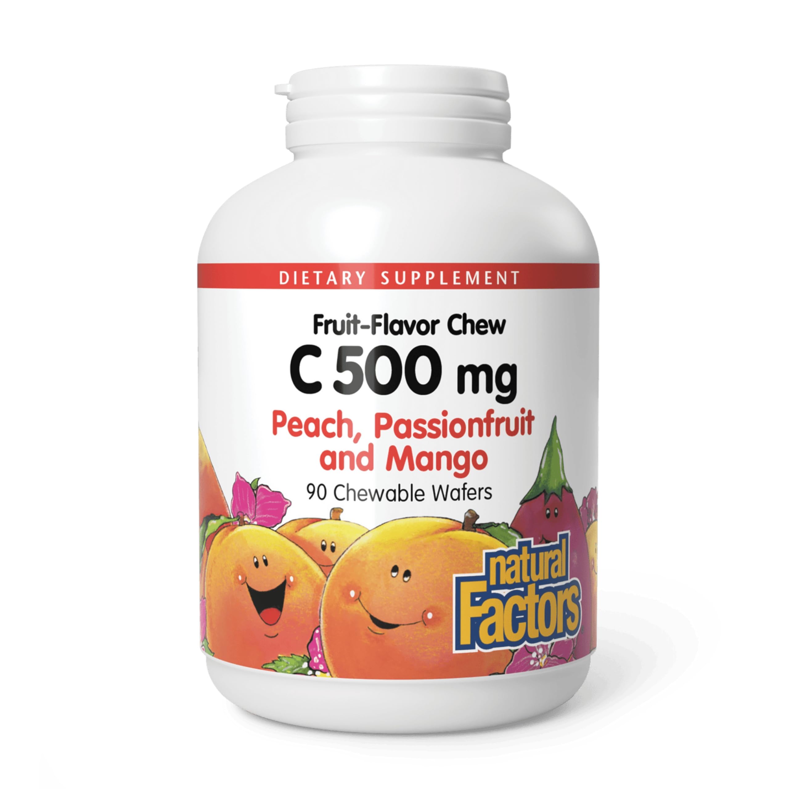 Natural Factors Kids Vitamin C wafers front label in peach flavor for immune-friendly support