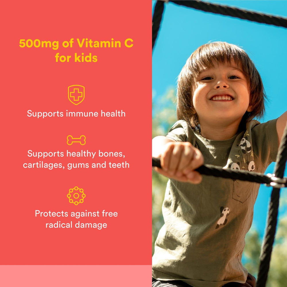 Natural Factors Kids Vitamin C 500 mg bottle label highlighting ingredients and quality