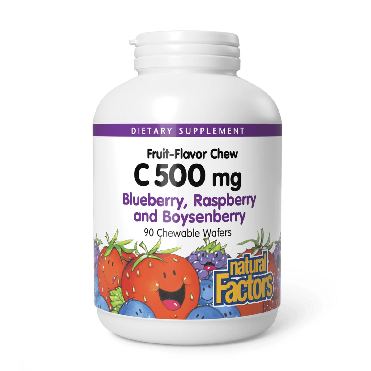 Natural Factors Kids Vitamin C 500 mg blue blueberry wafers support immune health and daily intake