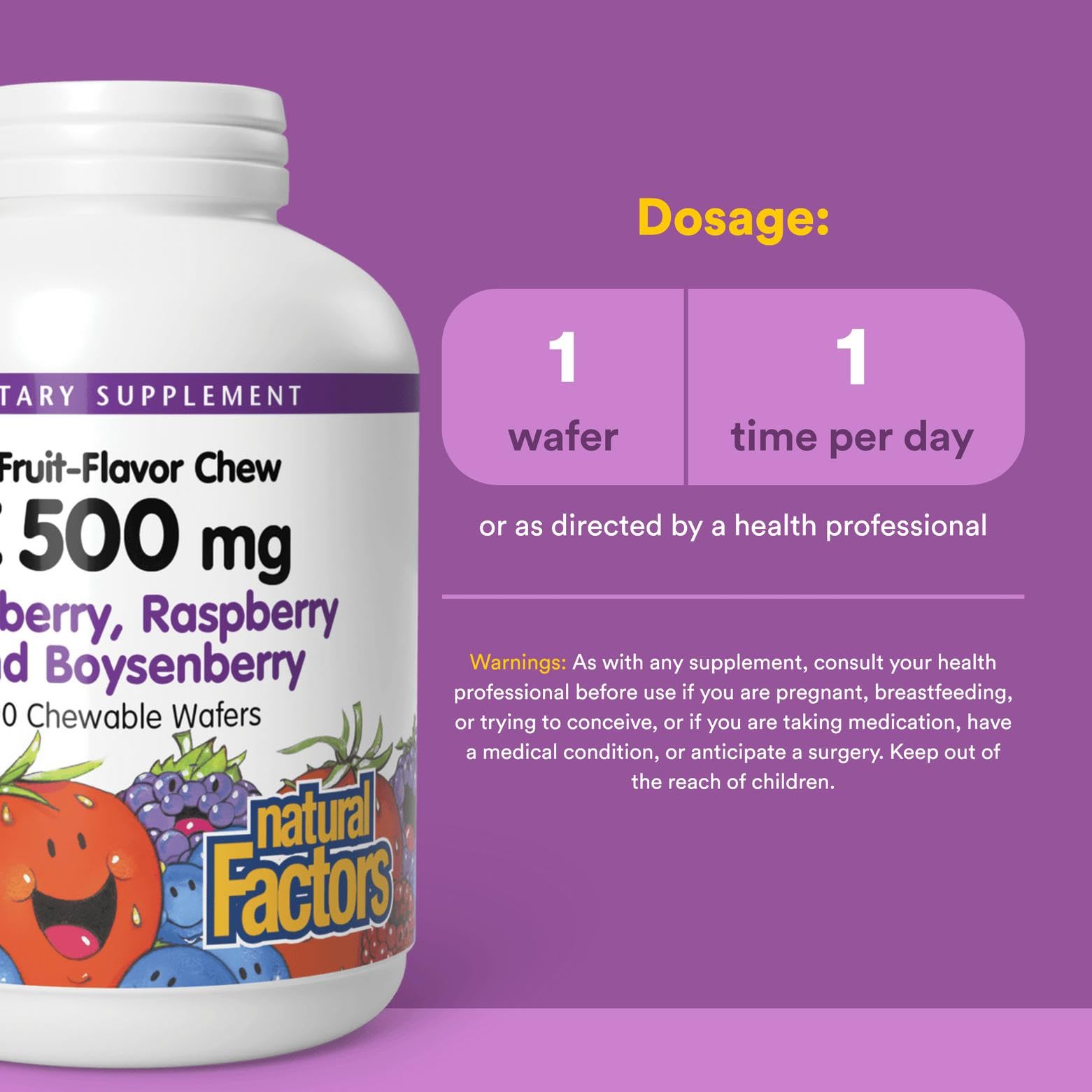 Natural Factors Kids Vitamin C 500 mg boysenberry wafers offer a fruity, kid-friendly vitamin boost