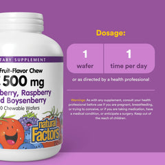 Natural Factors Kids Vitamin C 500 mg boysenberry wafers offer a fruity, kid-friendly vitamin boost