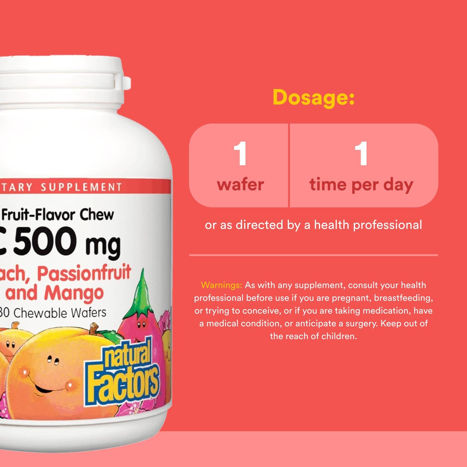 Natural Factors Kids Vitamin C 500 mg wafers peach pack showing fruity flavor option