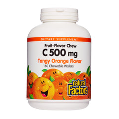 Natural Factors Kids Vitamin C orange wafers bottle showing tangy flavor and daily immune support
