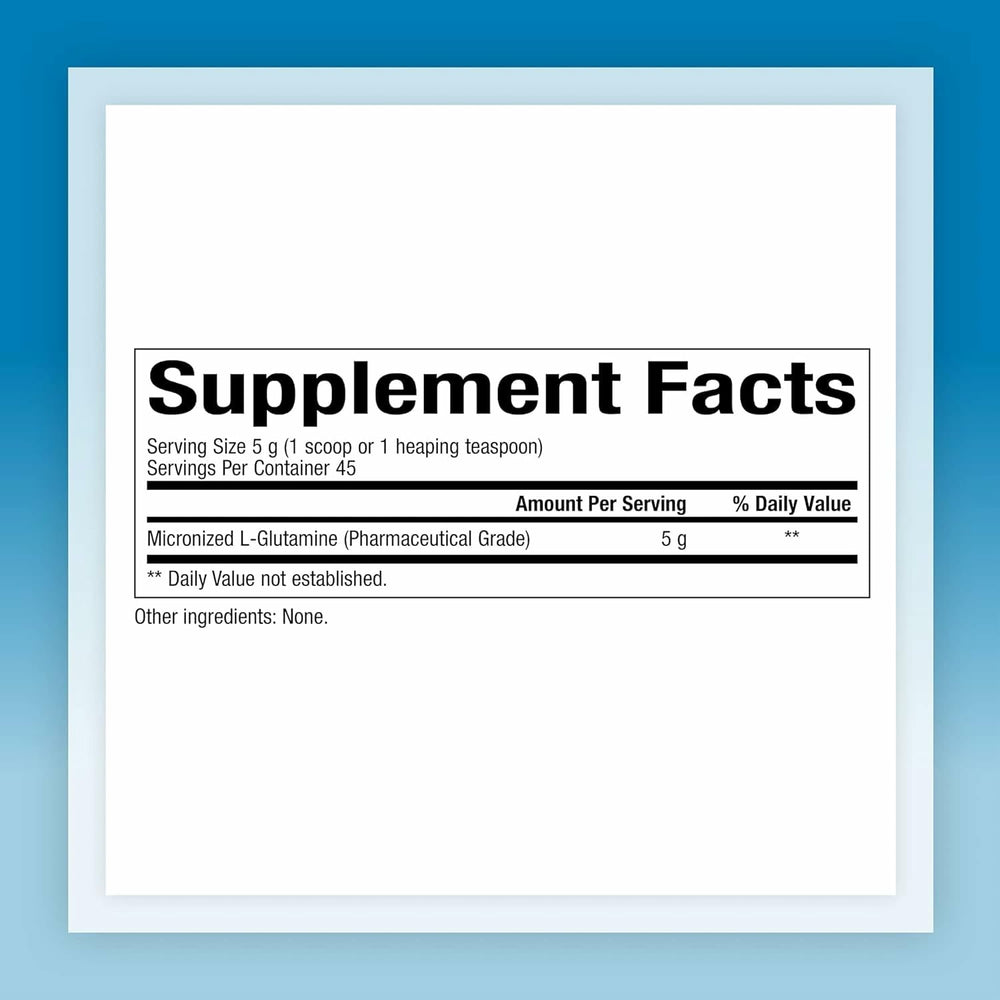 Natural Factors L-Glutamine drink mix bottle on counter for daily use.