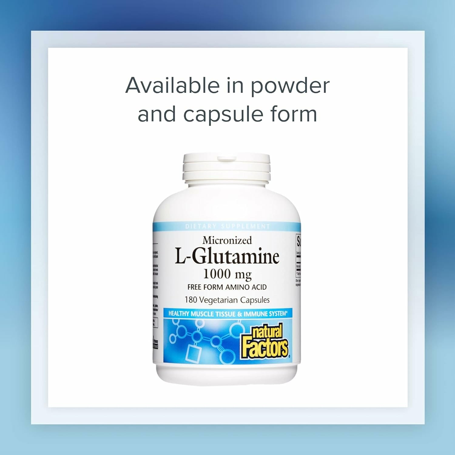 Natural Factors L-Glutamine jar on a gym bag scene suggesting fitness-friendly use.