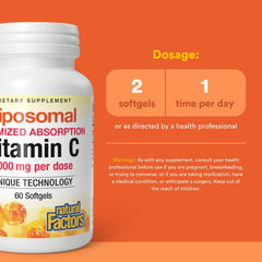 Natural Factors Liposomal Vitamin C 60 Softgels capsules on white background emphasize fast absorption.