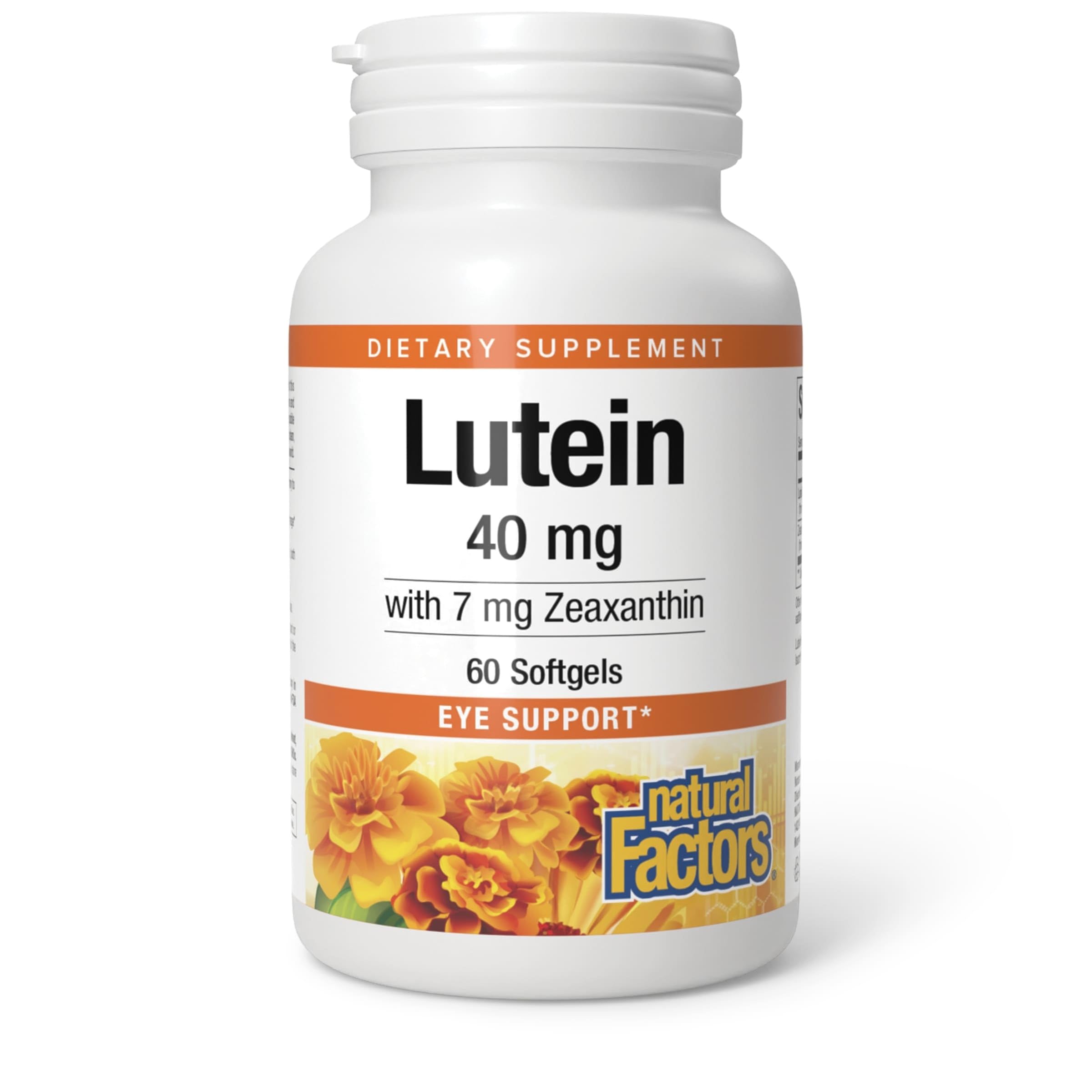 Natural Factors Lutein 40 mg bottle front shows a clean label for eye health support.