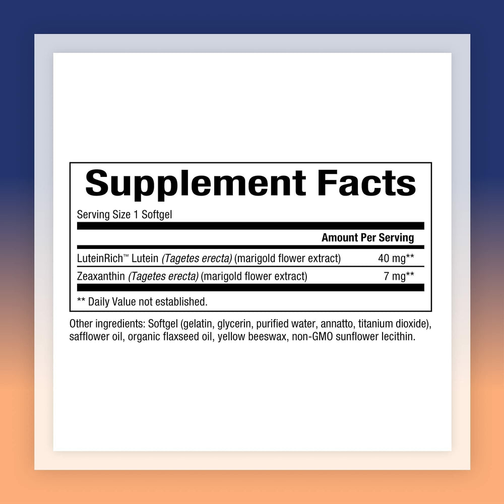 Natural Factors Lutein 40 mg bottle side highlights ingredients and zeaxanthin synergy.