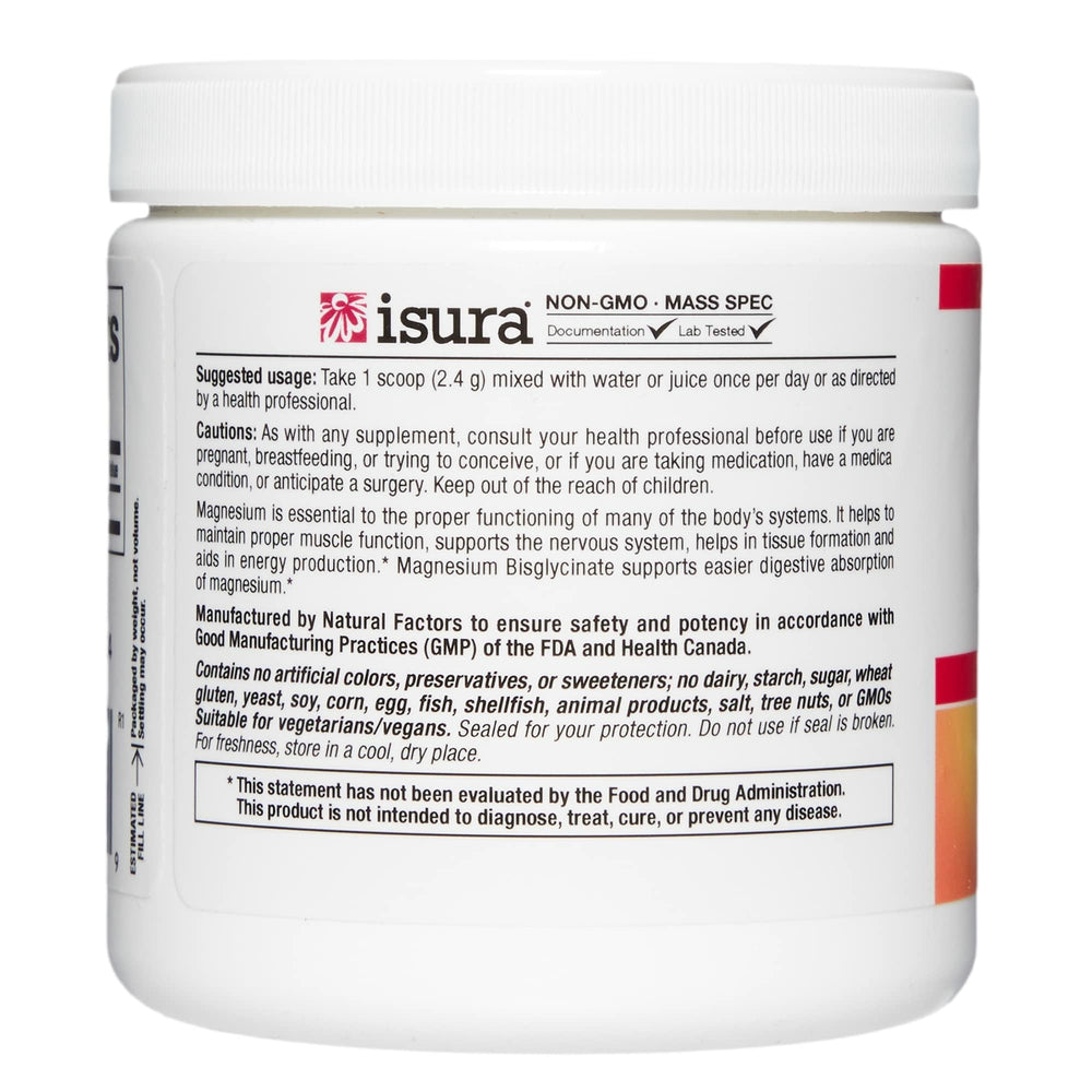 Natural Factors Magnesium Bisglycinate Powder close-up label emphasizing purity and allergen-free.