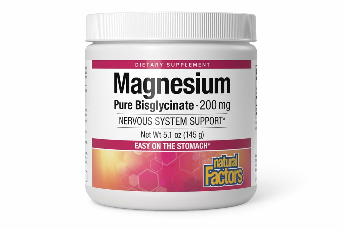 Natural Factors Magnesium Bisglycinate Powder tub shows label for muscle and bone support.
