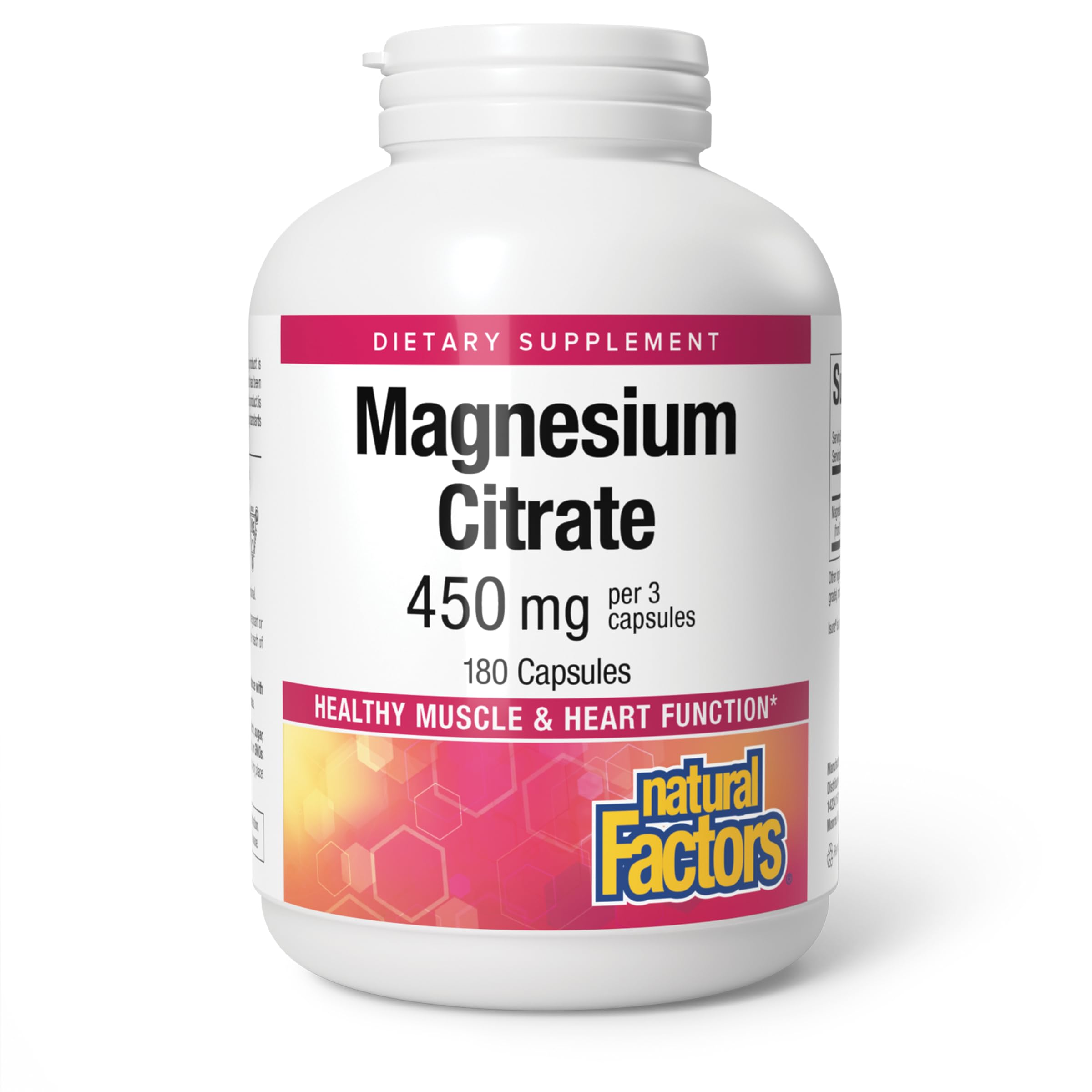 Natural Factors Magnesium Citrate bottle label highlights non-GMO and allergen-free formulation