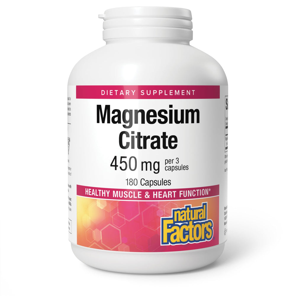 Natural Factors Magnesium Citrate bottle label highlights non-GMO and allergen-free formulation