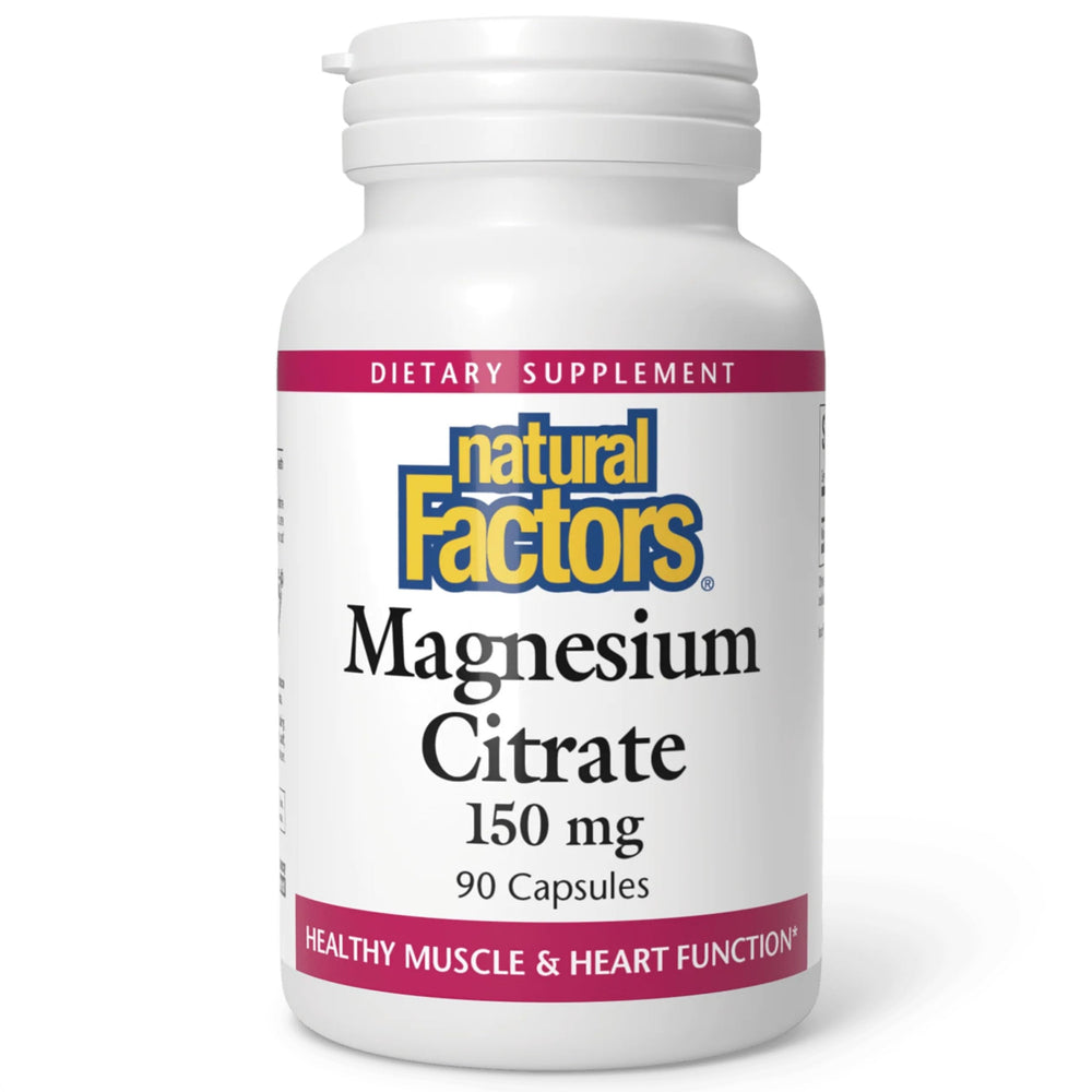 Natural Factors Magnesium Citrate bottle close-up showing 90 capsules for bone and heart health support.