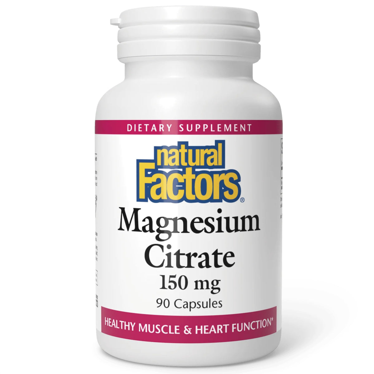 Natural Factors Magnesium Citrate bottle close-up showing 90 capsules for bone and heart health support.