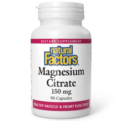 Natural Factors Magnesium Citrate bottle close-up showing 90 capsules for bone and heart health support.