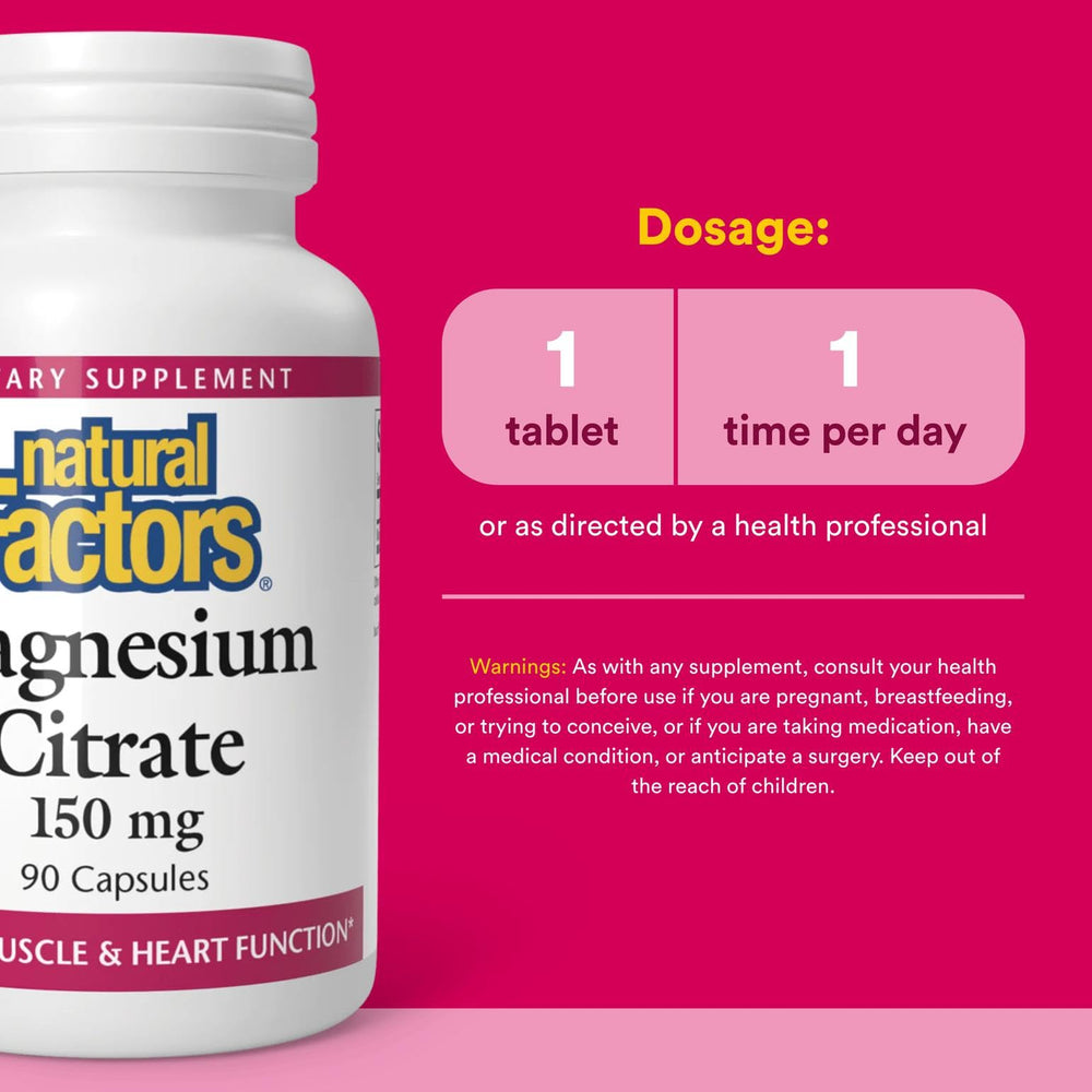 Natural Factors magnesium citrate label emphasizing third-party testing for purity.