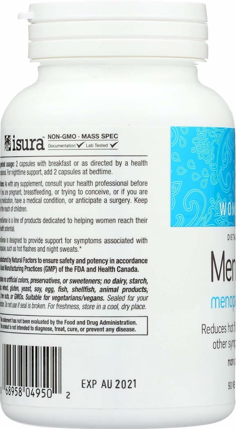 Close-up of Natural Factors MenoSense label highlighting a natural formula.