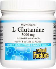 Natural Factors micronized L-Glutamine powder texture for high-potency support.