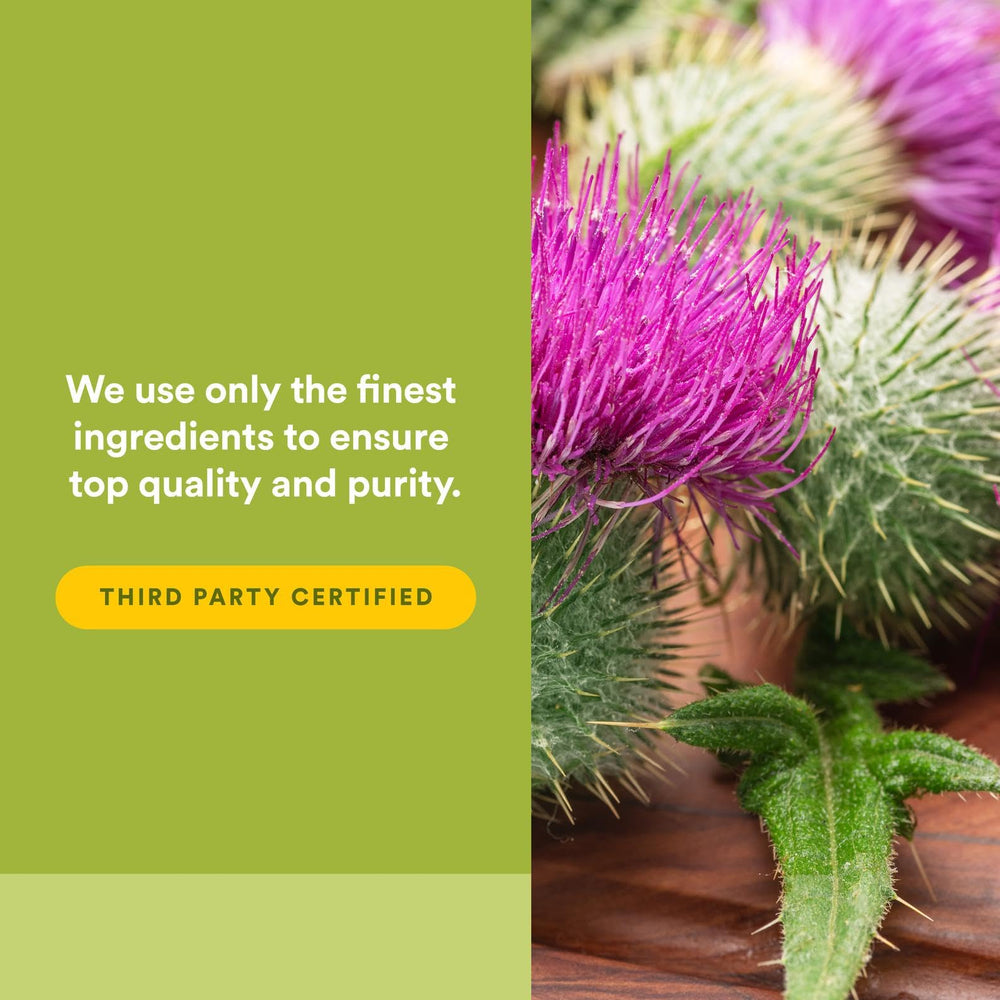 Ingredients panel featuring dandelion, artichoke, and turmeric in the formula.