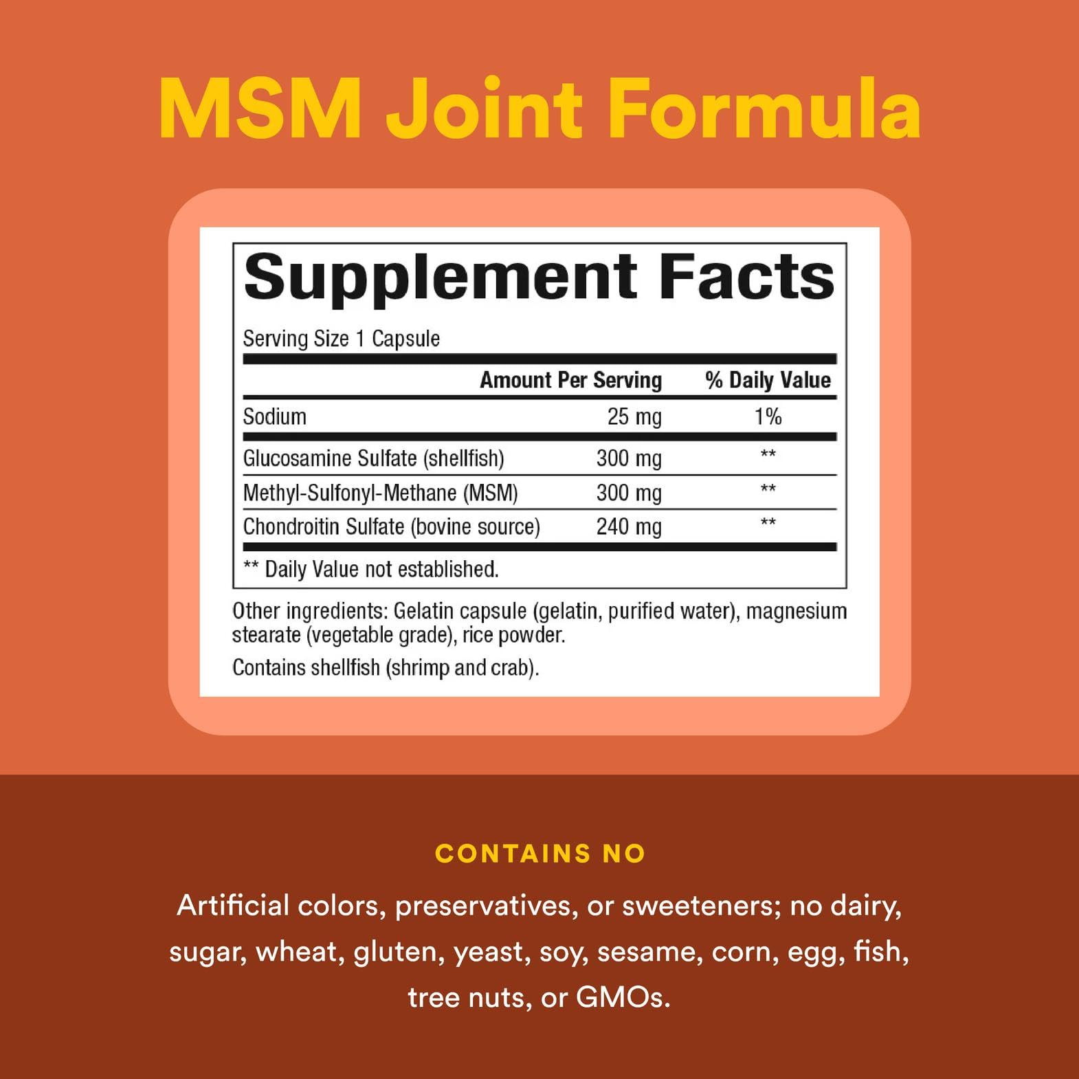 Label on Natural Factors MSM Joint Formula showing ingredients: MSM, glucosamine, chondroitin.