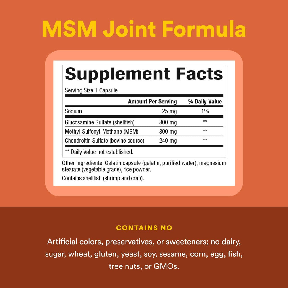 Label on Natural Factors MSM Joint Formula showing ingredients: MSM, glucosamine, chondroitin.