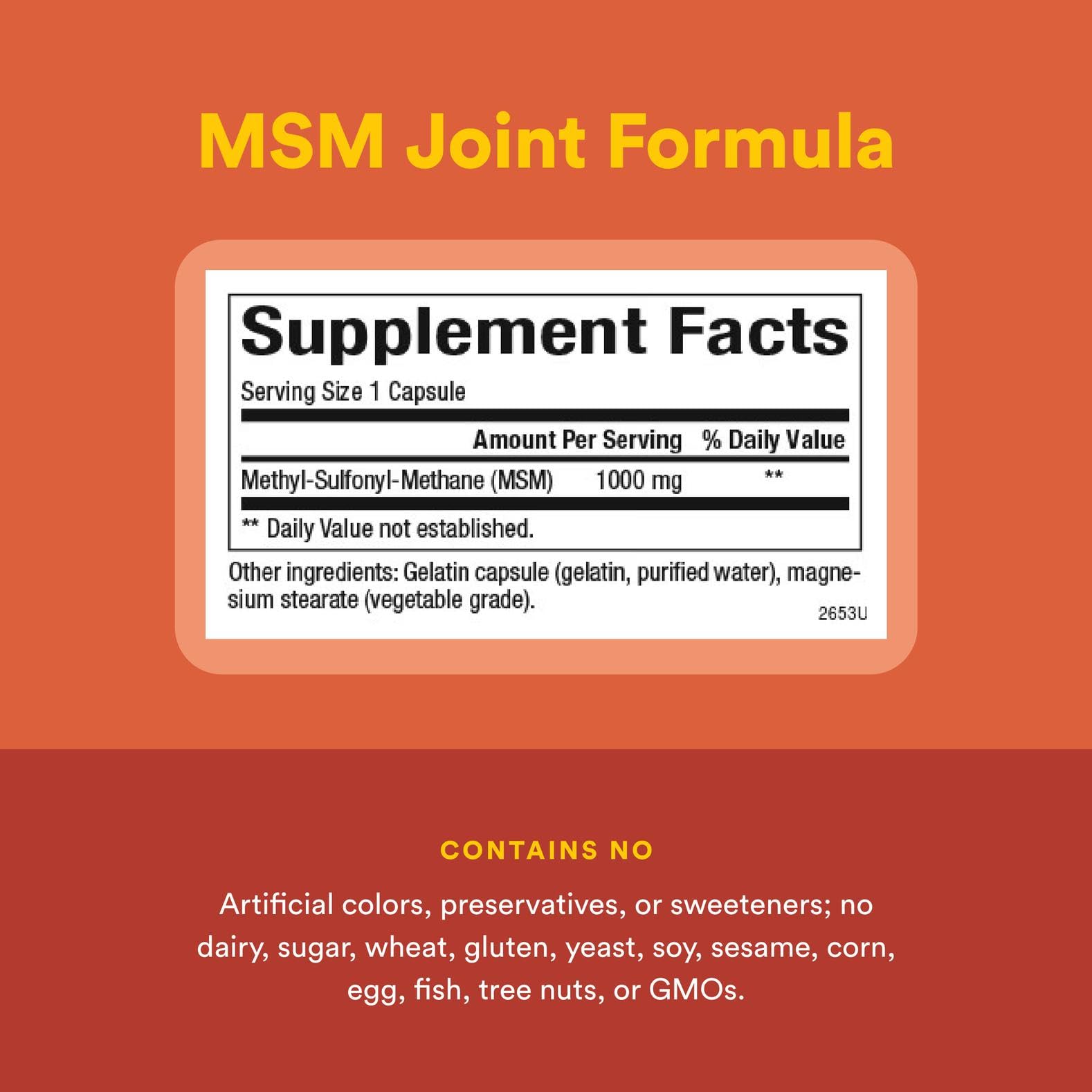Natural Factors MSM label closeup with quality certification details.