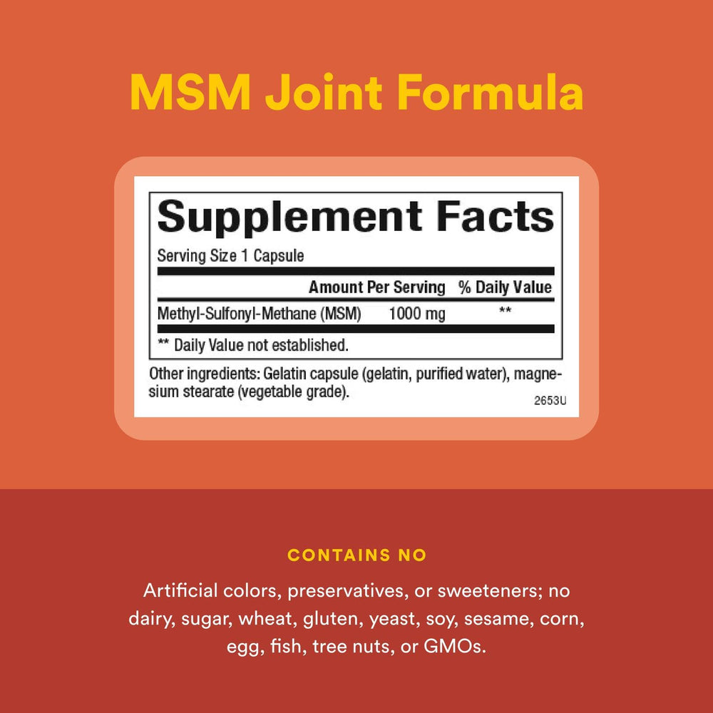Natural Factors MSM label closeup with quality certification details.