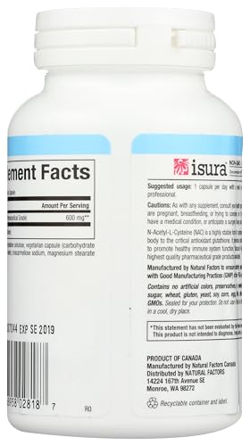 Natural Factors NAC 600 mg bottle label highlighting ingredients and purity