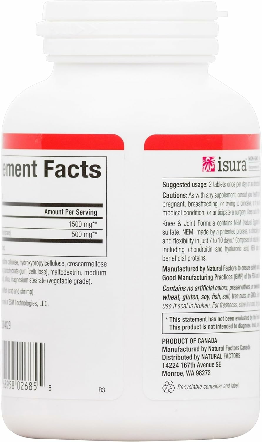 Natural Factors NEM Knee & Joint dairy-free and gluten-free label emphasis