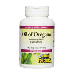 Natural Factors Oil of Oregano bottle closeup highlighting carvacrol content for wellness