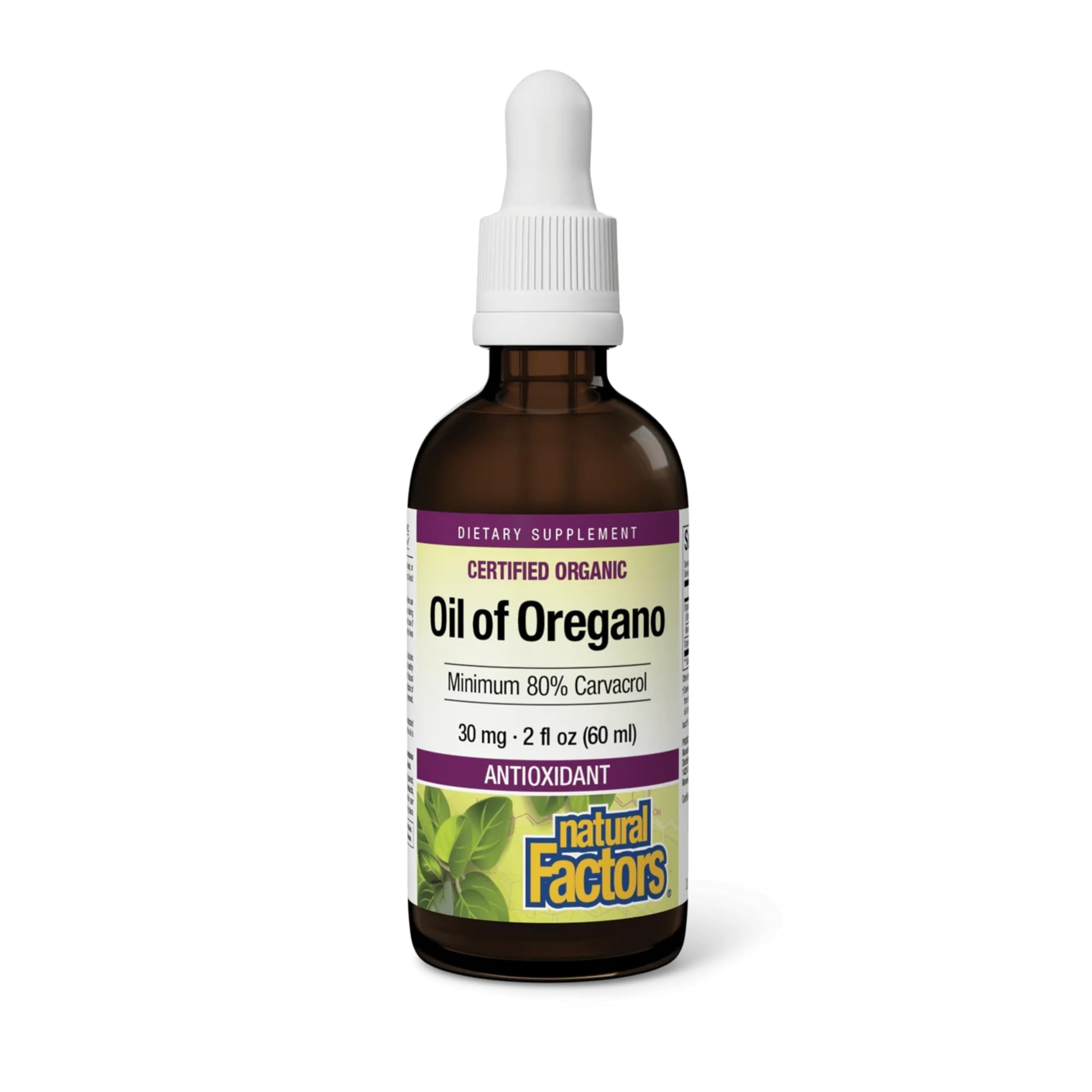 Natural Factors Oil of Oregano bottle on white background highlighting immune support
