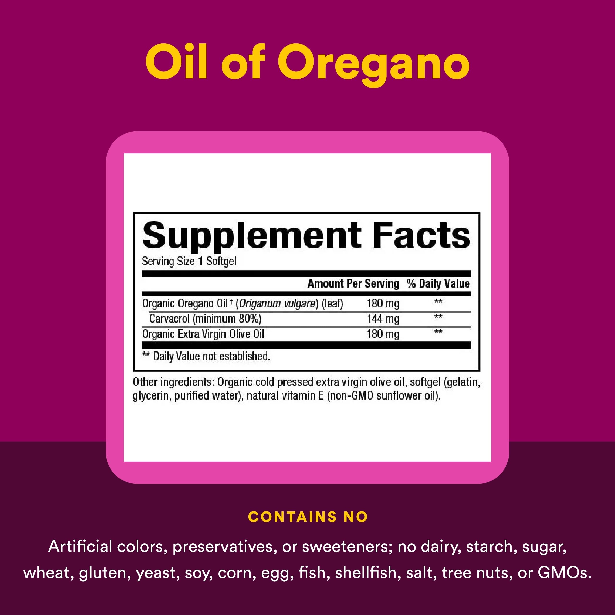 Natural Factors Oil of Oregano label details emphasize non-GMO formulation