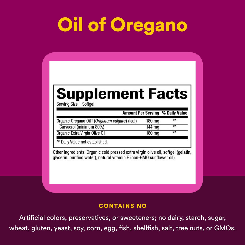 Natural Factors Oil of Oregano label details emphasize non-GMO formulation