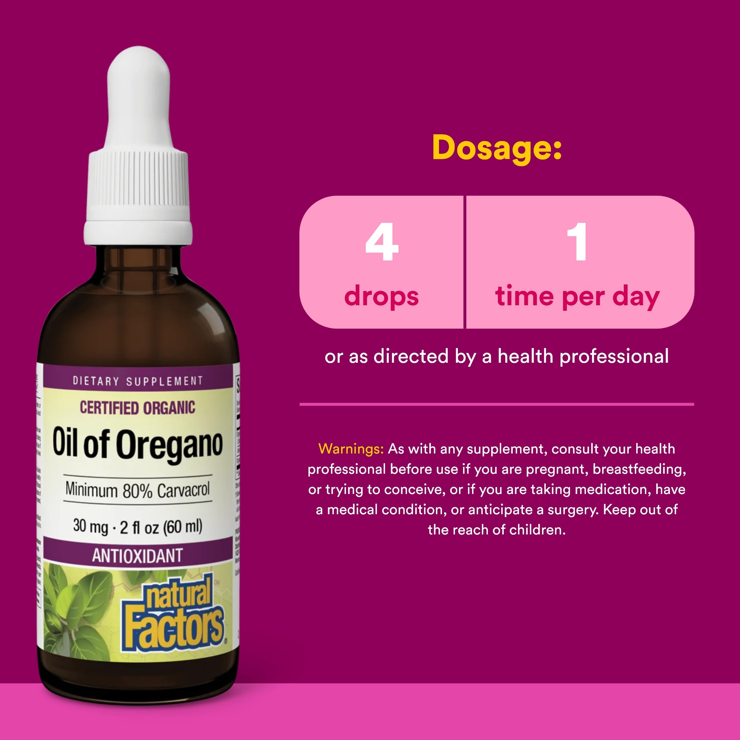 Natural Factors Oil of Oregano bottle with label close-up, emphasizing non-GMO and gluten-free