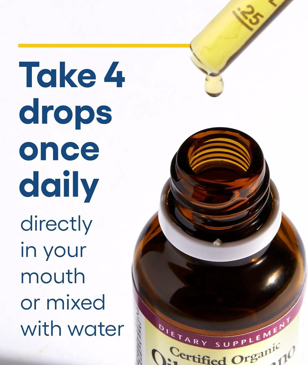 Natural Factors Oil of Oregano drops poured directly in mouth for quick intake