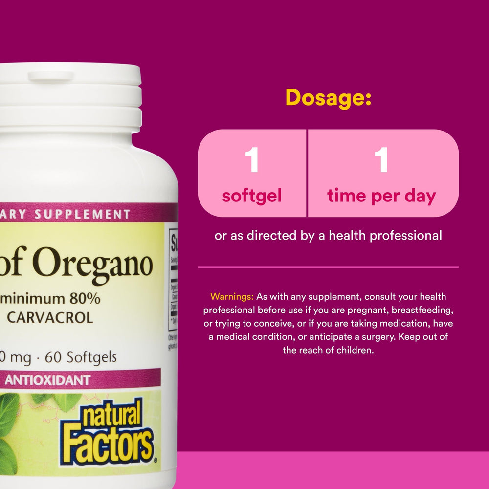 Natural Factors Oil of Oregano softgels arranged for convenient supplementation