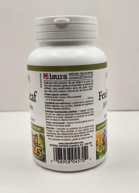 Natural Factors Olive Leaf box packaging showing non-GMO, gluten-free, dairy-free formulation