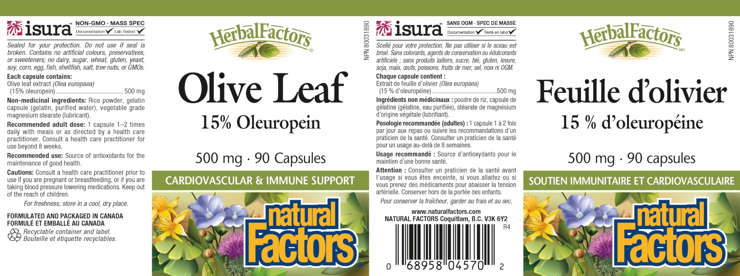 Natural Factors Olive Leaf label highlights sugar-free, dairy-free formulation