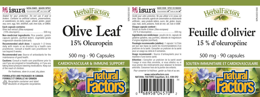 Natural Factors Olive Leaf label highlights sugar-free, dairy-free formulation