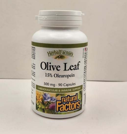 Close-up of olive leaf extract label highlighting oleuropein in Natural Factors formula