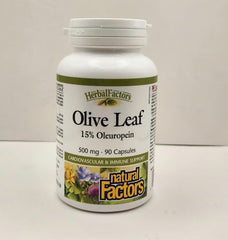 Close-up of olive leaf extract label highlighting oleuropein in Natural Factors formula